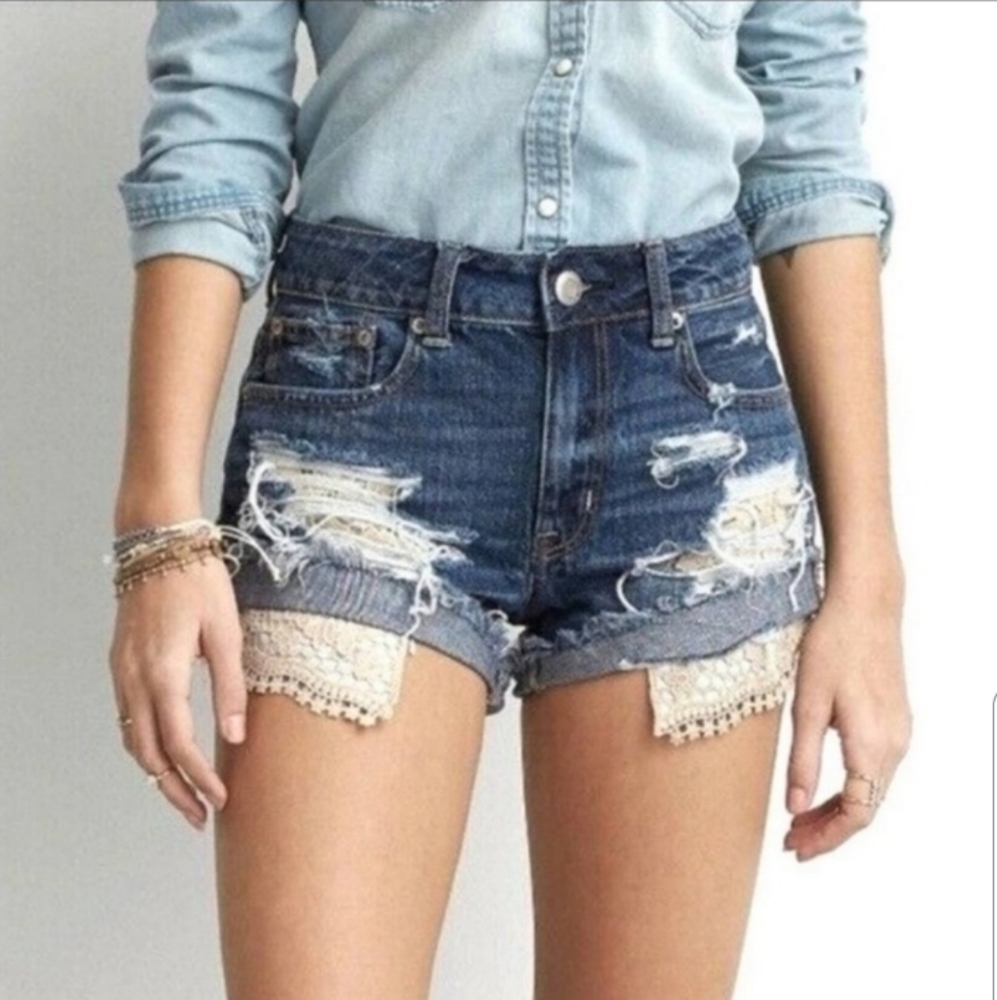 American Eagle Distressed Hi Rise Festival Shorts Denim 00